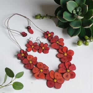 Handcrafted Tagua Nut Necklace Set Red flowers Lei Botanical Jewelry